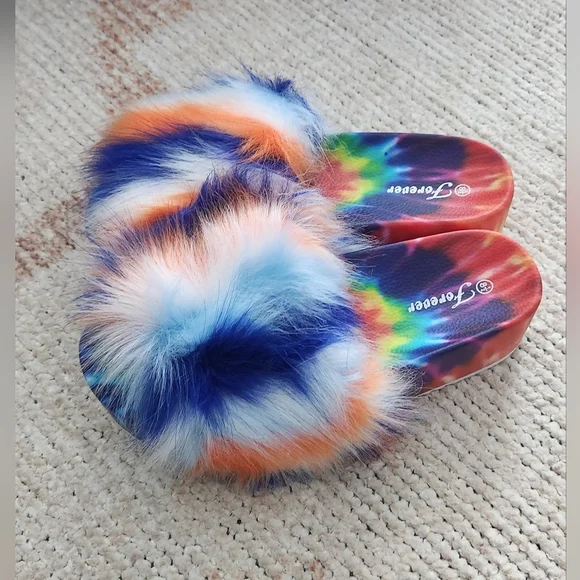 Faux Fur Tie Dye Platform Slides Blue Multi - Picture 11 of 12